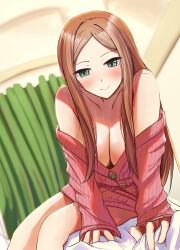 Rule 34 | 1girl, bare legs, blush, breasts, brown hair, cleavage, collarbone, feet out of frame, highres, idolmaster, idolmaster cinderella girls, indoors, large breasts, looking at viewer, loose clothes, matsuyama kumiko, parted bangs, pink sweater, sidelocks, smile, solo, sweater, syugoumiso