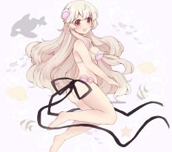 Rule 34 | 1girl, bad id, bad twitter id, bikini, black ribbon, breasts, corrin (female) (fire emblem), corrin (fire emblem), fire emblem, fire emblem cipher, fire emblem fates, fish, from side, hair ornament, long hair, looking to the side, medium breasts, nintendo, open mouth, plushcharm, pointy ears, red eyes, ribbon, shell, shell bikini, shell hair ornament, solo, swimsuit, twitter username, white hair