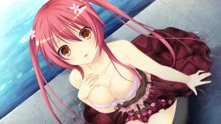 Rule 34 | 1girl, argyle, argyle clothes, argyle skirt, bar (place), bra, breasts, brown eyes, cleavage, collarbone, flower, game cg, hair flower, hair ornament, hand on own chest, highres, long hair, looking at viewer, makita maki, open mouth, pink hair, rikudou asahi, sitting, skirt, solo, sorcery jokers, twintails, underwear, water, wet, wet clothes, wide-eyed