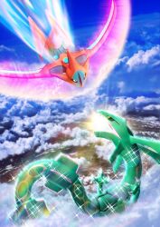 Rule 34 | above clouds, attack, aura, cloud, creatures (company), deoxys, deoxys (speed), dragon, dragon tail, face-to-face, fighting, game freak, gen 3 pokemon, highres, incoming attack, legendary pokemon, logo, looking at another, mythical pokemon, nintendo, official art, pokemon, pokemon (creature), pokemon tcg, sharp teeth, sky, tail, teeth, tentacles, yoshikawa shin&#039;ichi
