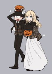 1boy 1girl absurdres alice_lendrott aqua_eyes black_footwear black_hat black_jacket black_pants black_ribbon black_shirt blonde_hair bocchan_(shinigami_bocchan_to_kuro_maid) bow bowtie breast_rest breasts brown_hair brown_vest carrying_overhead commentary_request food full_body grey_background hair_ribbon hat highres holding holding_food holding_pumpkin holding_vegetable inoue_koharu jacket large_breasts long_skirt off_shoulder open_clothes open_jacket open_mouth pants plaid_clothes plaid_jacket plaid_vest pumpkin ribbon shinigami_bocchan_to_kuro_maid shirt shoes simple_background skirt swept_bangs top_hat vegetable vest walking white_bow white_bowtie white_skirt