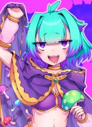 Rule 34 | 1girl, :d, aqua hair, bandeau, blush, breasts, colored tips, fate/grand order, fate (series), gold choker, gold trim, highres, holding, holding mushroom, hooded robe, kibinago (kibinago614), locusta (fate), looking at viewer, multicolored hair, mushroom, navel, open mouth, outline, purple eyes, purple robe, robe, saliva, sharp teeth, short hair, simple background, small breasts, smile, solo, teeth, upper body, upper teeth only
