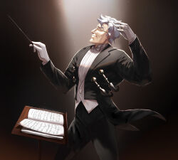 Rule 34 | 2020, baton, black suit, conductor, formal, gloves, highres, music, overwatch, sheet music, sigma (overwatch), suit, twitter username, white gloves, white hair