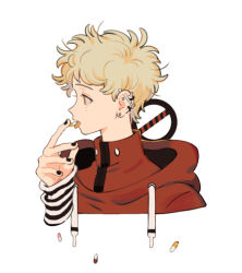 Rule 34 | androgynous, barbell piercing, black nails, blonde hair, brown eyes, cropped torso, drawstring, drugs, ear piercing, earrings, from side, gender request, guu (hakahonoo), hand up, high collar, holding, hood, hood down, hoodie, industrial piercing, jewelry, long sleeves, looking away, looking to the side, medicine, nail polish, no symbol, open mouth, original, piercing, pill, platinum blonde hair, profile, red hoodie, simple background, sleeves past wrists, solo, striped, stud earrings, tongue, tongue out, turtleneck, upper body, white background