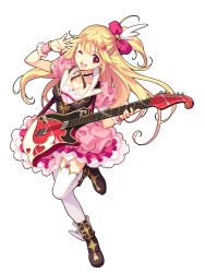Rule 34 | 1girl, absurdres, artist request, blonde hair, boots, breasts, choker, cleavage, copyright request, electric guitar, full body, garter straps, guitar, highres, instrument, leg up, long hair, one eye closed, one side up, open mouth, plectrum, puffy sleeves, red eyes, short sleeves, simple background, skirt, solo, thighhighs, white background, white thighhighs, wrist cuffs