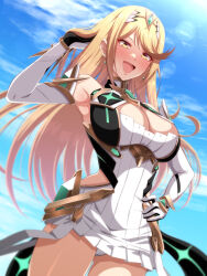 Rule 34 | 1girl, absurdres, bare shoulders, blonde hair, blue sky, cleavage cutout, clothing cutout, cowboy shot, dress, earrings, hand on own hip, highres, jewelry, long hair, looking at viewer, mebi il, mythra (xenoblade), panties, pantyshot, sky, smile, solo, star (symbol), star earrings, swept bangs, tiara, underwear, white dress, xenoblade chronicles (series), xenoblade chronicles 2