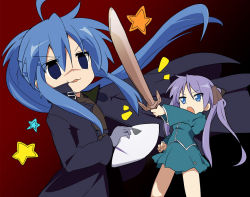 Rule 34 | 2girls, :3, cosplay, darker than black, hei (cosplay), hei (darker than black), hiiragi kagami, ixy, izumi konata, kannagi ayano, kannagi ayano (cosplay), kaze no stigma, lucky star, multiple girls, scar, scar on face, scar on nose, sword, weapon