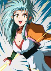 Rule 34 | 1990s (style), 1girl, :d, blue hair, breasts, cleavage, commentary request, earrings, jewelry, long hair, looking at viewer, mamiya myanmar, medium breasts, open mouth, pointy ears, retro artstyle, ryouko (tenchi muyou!), smile, solo, spiked hair, tenchi muyou!, waist sash, yellow eyes