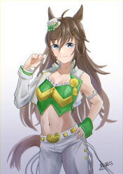 Rule 34 | 1girl, absurdres, ahoge, animal ears, arm strap, blue eyes, bow, breasts, brown hair, collarbone, commentary request, cowboy shot, crop top, gradient background, green bow, green shirt, grey background, hair ornament, hairclip, hand on own hip, hat, hat bow, highres, horse ears, jacket, long hair, long sleeves, looking at viewer, medium breasts, midriff, mini hat, mini top hat, mr. c.b. (umamusume), navel, open clothes, open jacket, pants, samo nosuke, shirt, single bare shoulder, single sleeve, smile, solo, standing, stomach, strapless, strapless shirt, tail, thighs, top hat, umamusume, very long hair, white background, white hat, white jacket, white pants, wrist cuffs