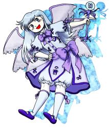 Rule 34 | 1girl, :d, blue dress, blue eyes, blue footwear, blue hair, blush, blush stickers, bow, bowtie, dress, elbow gloves, full body, gloves, hand on own hip, highres, holding, holding wand, long hair, looking at viewer, low wings, mary janes, matching hair/eyes, moonywitcher, multiple wings, open mouth, parody, puffy pants, puffy short sleeves, puffy sleeves, purple bow, purple bowtie, purple ribbon, ribbon, sariel (touhou), shoes, short sleeves, silhouette, simple background, smile, solo, style parody, touhou, touhou (pc-98), wand, white background, white gloves, wings, zun (style)