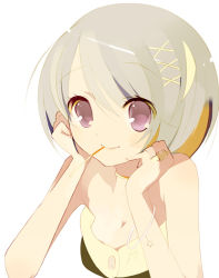 Rule 34 | 1girl, albino, bare shoulders, bob cut, bracelet, breasts, buttons, choker, cleavage, closed mouth, eyebrows, eyelashes, hair ornament, hands on own cheeks, hands on own face, head rest, jewelry, kaede (sayappa), mouth hold, original, purple eyes, ring, sayappa, short hair, silver hair, simple background, small breasts, smile, solo, star (symbol), strapless, swept bangs, upper body, white background, x hair ornament