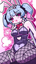 Rule 34 | 1girl, animal ears, black leotard, black ribbon, blue hair, bow, bowtie, clothing cutout, covered navel, cuffs, detached collar, fishnet pantyhose, fishnets, hair ornament, hair ribbon, handcuffs, hatsune miku, heart, heart-shaped pupils, highres, leotard, looking at viewer, multicolored hair, o-ring garter belt, open mouth, pantyhose, pink background, pink hair, pole, rabbit ears, rabbit hair ornament, rabbit hole (vocaloid), red bow, red bowtie, ribbon, satosio, sitting, solo, stomach cutout, stripper pole, symbol-shaped pupils, twintails, two-tone hair, vocaloid