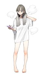 Rule 34 | 1girl, after bathing, bare legs, barefoot, cellphone, elbow blush, feet, highres, legs, light brown eyes, light brown hair, long hair, looking at object, no pants, original, oversized clothes, oversized shirt, phone, shirt, short sleeves, simple background, smartphone, solo, towel, white background, white shirt, yomu (sgt epper)