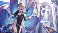 Rule 34 | 1girl, aponia (honkai impact), architecture, asc11, blonde hair, bloomers, breasts, brooch, butterfly wings, chinese commentary, church, commentary request, flower, gold trim, gothic architecture, grey eyes, habit, hair between eyes, hand up, highres, honkai (series), honkai impact 3rd, insect wings, jewelry, large breasts, looking at viewer, nun, outdoors, pelvic curtain, plant, side slit, sidelocks, smile, solo, statue, underwear, white flower, window, wings