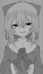 Rule 34 | 1girl, bags under eyes, bandaid, bandaid on face, bow, commentary, dress, female focus, gauze, gloves, greyscale, hair between eyes, hair bow, highres, long hair, long sleeves, looking at viewer, monochrome, mushoku loli, mushoku loli (character), original, own hands clasped, own hands together, parted lips, simple background, solo, symbol-only commentary, upper body