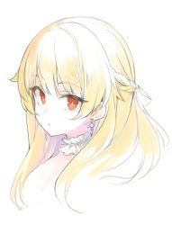 Rule 34 | 1girl, blonde hair, braid, bright pupils, choker, earrings, eyes visible through hair, frilled choker, frills, jewelry, long hair, looking at viewer, minoa (lastswallow), original, portrait, red eyes, simple background, solo, upper body, white background, white choker, white pupils