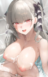 Rule 34 | 1boy, 1girl, absurdres, azur lane, black ribbon, blush, breasts, censored, formidable (azur lane), greem bang, grey hair, hair ribbon, hetero, highres, huge breasts, long hair, looking at viewer, navel, nipples, nude, open mouth, penis, pink eyes, pussy, ribbon, sex, smile, stomach, thighs, twintails, vaginal