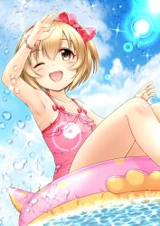Rule 34 | 1girl, ;d, arm up, armpits, bare arms, bare shoulders, blonde hair, blue sky, blush, bow, bracelet, brown eyes, casual one-piece swimsuit, cloud, cloudy sky, collarbone, commentary request, day, fingernails, hair between eyes, hair bow, hairband, highres, idolmaster, idolmaster cinderella girls, innertube, jewelry, koga koharu, one-piece swimsuit, one eye closed, open mouth, outdoors, pink innertube, pink one-piece swimsuit, polka dot, polka dot bow, polka dot hairband, red bow, red hairband, regular mow, short hair, sky, smile, solo, sparkle, swim ring, swimsuit, water, water drop