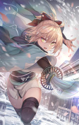 Rule 34 | 1girl, ahoge, architecture, armor, black bow, black thighhighs, blonde hair, bow, cherry blossoms, commentary request, east asian architecture, falling petals, fate/grand order, fate (series), fighting stance, hair bow, haori, highres, holding, holding sword, holding weapon, japanese armor, japanese clothes, katana, kimono, koha-ace, kote, looking at viewer, okita souji (fate), okita souji (koha-ace), open mouth, petals, serious, short hair, short kimono, sidelocks, snow, snowing, solo, standing, standing on one leg, suneate, sword, thighhighs, torino aqua, weapon, yellow eyes