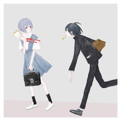 Rule 34 | 1boy, 1girl, ahoge, ayanami rei, bag, bread slice, danganronpa (series), danganronpa v3: killing harmony, food, food in mouth, fureilige, looking at another, mouth hold, neon genesis evangelion, saihara shuichi, school bag, school uniform, simple background, toast, toast in mouth, voice actor connection