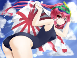 Rule 34 | 10s, 1girl, diving mask, flag, goggles, i-168 (kancolle), kantai collection, long hair, marl35, one-piece swimsuit, personification, ponytail, red hair, rising sun flag, school swimsuit, snorkel, solo, sunburst, swimsuit