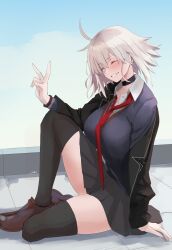Rule 34 | 1girl, absurdres, black choker, black coat, black footwear, black skirt, black thighhighs, blush, breasts, choker, closed eyes, coat, collared shirt, commentary request, fate/grand order, fate (series), grey hair, highres, jeanne d&#039;arc alter (avenger) (fate), jeanne d&#039;arc alter (fate), kasumi saika, large breasts, long sleeves, necktie, on floor, open clothes, open coat, outdoors, pleated skirt, red necktie, shirt, short hair, sitting, skirt, smile, solo, thighhighs, v, white shirt, zettai ryouiki