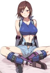 Rule 34 | 1girl, arms behind back, asymmetrical bangs, belt, black footwear, blue jumpsuit, blue shirt, blue socks, blush, breasts, brown hair, closed mouth, crop top, crossed legs, elbow pads, formal, full body, grin, highres, hiiragi yuuichi, indian style, jumpsuit, kazama asuka, looking at viewer, medium breasts, midriff, namco, open jumpsuit, pant suit, pants, parted bangs, partially unzipped, red eyes, shin guards, shirt, shoes, short hair, short jumpsuit, simple background, sitting, sleeveless, smile, socks, solo, striped clothes, striped socks, suit, tekken, thighs, tomboy, toned, white background, zipper