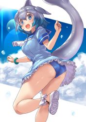 Rule 34 | 1girl, ankle ribbon, ascot, ass, bare arms, bare legs, blowhole, blue eyes, blue hair, blue panties, blue sky, cetacean tail, clothing cutout, collared dress, common dolphin (kemono friends), dorsal fin, dress, fins, fish tail, frilled dress, frills, grey hair, hair between eyes, hands up, head fins, highres, kemono friends, kemono friends 2, leg ribbon, looking at viewer, medium hair, multicolored hair, open mouth, panties, ribbon, sailor collar, shoe soles, shoes, short dress, short sleeves, sky, smile, solo, sunlight, tadano magu, tail, tail through clothes, twisted torso, two-tone hair, underwear, white ascot