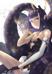 1girl absurdres bare_shoulders black_choker black_dress black_gloves blue_eyes choker dress fur_trim gloves hair_between_eyes highres hololive hololive_english long_hair looking_at_viewer monster_girl ninomae_ina&#039;nis pointy_ears purple_hair sidelocks smile strapless strapless_dress tentacles virtual_youtuber yamaharu_(xxzf7284)