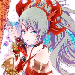 Rule 34 | 1girl, armlet, blue eyes, bracelet, breasts, choker, cleavage, collarbone, colored eyelashes, dagger, echidna (p&amp;d), english text, grey hair, headdress, headpiece, jewelry, knife, lailu, long hair, looking at viewer, lots of jewelry, pout, puzzle &amp; dragons, solo, sparkle, text focus, upper body, weapon