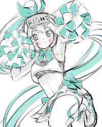 Rule 34 | 1girl, ahoge, bandaid, bandaid on face, blush, breasts, cheerleader, colored inner hair, crop top, epinel (nikke), facial tattoo, goddess of victory: nikke, green eyes, green hair, greyscale, head-mounted display, holding, long hair, monochrome, multicolored hair, mutsui, navel, pleated skirt, pom pom (cheerleading), ponytail, shoes, skirt, small breasts, smile, sneakers, socks, solo, spot color, star tattoo, tattoo