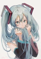 Rule 34 | 1girl, armpit crease, bare shoulders, black sleeves, blue eyes, blue hair, closed mouth, detached sleeves, grey background, hair between eyes, hand in own hair, hands up, hatsune miku, highres, holding, holding hair, kagari (kgr 000), long hair, long sleeves, looking at viewer, simple background, smile, solo, twintails, twitter username, upper body, vocaloid, wide sleeves