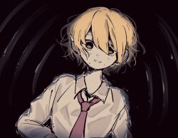 Rule 34 | 1girl, black background, blonde hair, collared shirt, don quixote (project moon), highres, limbus company, long sleeves, looking at viewer, necktie, parted lips, project moon, red necktie, rnaro maro, scared, shirt, short hair, simple background, solo, upper body, white shirt, yellow eyes