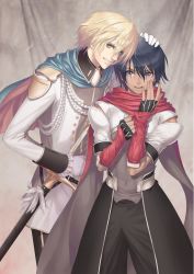 Rule 34 | 10s, 2boys, armor, black hair, black pants, blade arcus from shining, blonde hair, buttons, cape, clenched hand, clenched teeth, cowboy shot, detached sleeves, eyebrows, feathers, fingerless gloves, fringe trim, gloves, grey background, hair between eyes, headpat, heads together, highres, looking at another, looking at viewer, male focus, multiple boys, official art, out of frame, pants, pauldrons, purple eyes, ragnus wyndaria, red scarf, rick elwood, rope, scarf, shining (series), shining hearts, shirt, short hair, shoulder armor, smile, standing, sword, sword hilt, teeth, tony taka, weapon, white gloves, wrist cuffs, yellow eyes