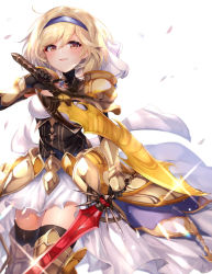 Rule 34 | 1girl, 40 (0f0urw), absurdres, armor, black gloves, blonde hair, blush, chrysaor (granblue fantasy), djeeta (granblue fantasy), dual wielding, gloves, granblue fantasy, headband, highres, holding, holding sword, holding weapon, open mouth, pauldrons, short hair, shoulder armor, smile, solo, sword, thighhighs, weapon, white background, yellow eyes