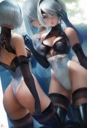 Rule 34 | 2girls, absurdres, adapted costume, arm at side, artist name, ass, black bra, black gloves, black legwear, blue eyes, bob cut, boots, bra, breasts, brown legwear, bustier, cleavage, cleavage cutout, clothing cutout, contrapposto, cowboy shot, different reflection, dutch angle, elbow gloves, gloves, hair over one eye, hairband, hand in another&#039;s hair, highleg, highleg leotard, highres, leotard, lips, long hair, medium breasts, multiple girls, nier (series), nier:automata, parted lips, reflection, sakimichan, short hair, silver hair, standing, thigh boots, thighhighs, thong leotard, turtleneck, underwear, watermark, web address, 2b (nier:automata), a2 (nier:automata)