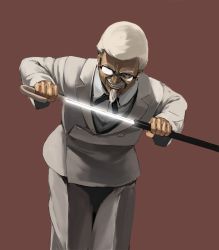 Rule 34 | 1boy, cane, colonel sanders, concealed weapon, duplicate, facial hair, formal, glasses, kfc, kuroko (piii), male focus, mustache, old, old man, sheath, simple background, solo, suit, sword cane, unsheathing, weapon, white hair