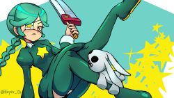 Rule 34 | 1girl, absurdres, annie (skullgirls), annoyed, boots, braid, eyepatch, green background, green hair, half-closed eyes, highres, holding, holding sword, holding weapon, juliet sleeves, knee up, leg up, long sleeves, looking at viewer, puffy sleeves, sagan (skullgirls), sharp teeth, sitting, skirt, skullgirls, star (symbol), stuffed animal, stuffed rabbit, stuffed toy, sword, teeth, thigh boots, thighhighs, turpix, twin braids, weapon, yellow background, yellow eyes