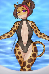 Rule 34 | 1girl, amadeen, breasts, female focus, furry, furry female, giraffe, nipples, piercing, pussy, solo, swimsuit, tail, uncensored, wet