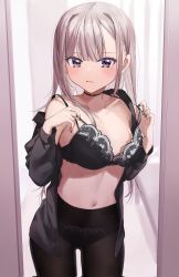 Rule 34 | 1girl, black bra, black choker, black nails, black pantyhose, black shirt, blush, bra, breasts, chigusa minori, choker, commentary request, corrupted twitter file, highres, lace, lace-trimmed bra, lace-trimmed panties, lace trim, long hair, long sleeves, looking at viewer, midriff, mole, mole under eye, nail polish, navel, no pants, open clothes, open shirt, original, oversized breast cup, panties, panties under pantyhose, pantyhose, purple eyes, shirt, silver hair, small breasts, solo, standing, underwear, undressing