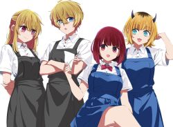 Rule 34 | 1boy, 3girls, :3, apron, arima kana, arms behind back, black apron, blonde hair, blue apron, blue eyes, blush, bob cut, bow, bowtie, breasts, brother and sister, cleavage, collared shirt, commentary, cowboy shot, crossed arms, crossed bangs, crossed legs, demon horns, dress shirt, fake horns, grabbing own arm, hair between eyes, half updo, hand up, highres, holding, holding paper, horns, hoshino aquamarine, hoshino ruby, inverted bob, kusana (kusana47454281), long hair, looking at viewer, medium breasts, medium hair, mem-cho, mismatched pupils, multicolored hair, multiple girls, no pupils, open mouth, oshi no ko, paper, pink eyes, red bow, red bowtie, red eyes, red hair, roots (hair), shirt, short hair, short sleeves, siblings, sidelocks, simple background, sitting, smile, star-shaped pupils, star (symbol), symbol-shaped pupils, twins, white background, white shirt