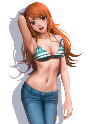 Rule 34 | 1girl, absurdres, arm up, armpits, bikini, bikini top only, blush, breasts, brown eyes, cleavage, cowboy shot, denim, highres, jeans, large breasts, looking at viewer, nami (one piece), one piece, open mouth, orange hair, pants, solo, standing, swimsuit, tattoo, white background, zyl