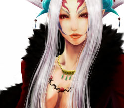 Rule 34 | 1990s (style), 1girl, alternate eye color, breasts, cleavage, dissidia final fantasy, facial mark, final fantasy, final fantasy viii, fur trim, hair ornament, jewelry, lips, lipstick, long hair, looking at viewer, makeup, necklace, no bra, pointy ears, red eyes, red lips, silver hair, slit pupils, solo, ultimecia, very long hair