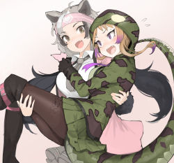 Rule 34 | 2girls, african rock python (kemono friends), animal ears, bear ears, bear girl, bergman&#039;s bear (kemono friends), black footwear, black gloves, black legwear, blonde hair, blush, boots, carrying, collared shirt, commentary request, cowboy shot, drawstring, fang, fangs, fur trim, gloves, green eyes, green hoodie, green skirt, grey hair, grey neckwear, grey skirt, headband, highres, hood, hoodie, kemono friends, koruse, long hair, long sleeves, multicolored hair, multiple girls, necktie, open mouth, pantyhose, pink headband, pleated skirt, princess carry, print hoodie, purple eyes, purple hair, shirt, short hair, sidelocks, skirt, snake print, snake tail, sweatdrop, tail, thigh boots, thighhighs, twintails, white shirt