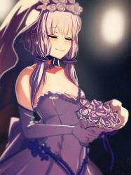 Rule 34 | 1girl, absurdres, at2., blush, bouquet, breasts, closed mouth, dress, earrings, elbow gloves, facing away, flower, gloves, highres, holding, holding bouquet, jewelry, lips, long hair, low twintails, purple dress, purple gloves, purple hair, small breasts, smile, solo, twintails, voiceroid, wedding dress, yuzuki yukari