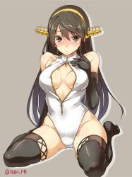 Rule 34 | 10s, 1girl, abo (hechouchou), black hair, blush, boots, breasts, brown background, brown eyes, cleavage, elbow gloves, front zipper swimsuit, gloves, grey background, hairband, haruna (kancolle), kantai collection, leotard, long hair, looking at viewer, meme attire, one-piece swimsuit, simple background, solo, swimsuit, thigh boots, thighhighs, twitter username, zipper