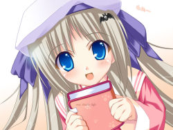 Rule 34 | blue eyes, blush, book, diary, hat, little busters!, noumi kudryavka, open mouth, silver hair, smile, solo