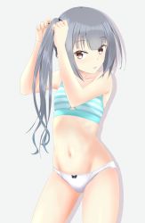 Rule 34 | 1girl, adjusting hair, bow, bow panties, bra, breasts, brown eyes, commentary request, cowboy shot, gluteal fold, green bra, grey background, grey hair, hair ribbon, highres, kantai collection, kasumi (kancolle), kumatama tkm, lace, lace-trimmed panties, lace trim, long hair, looking at viewer, panties, parted lips, ribbon, side ponytail, small breasts, solo, striped bra, striped clothes, training bra, underwear, underwear only, white panties