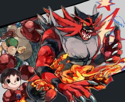 Rule 34 | animal crossing, black hair, bowser jr., brown hair, cape, claws, colored sclera, creatures (company), crocodilian, crown, donkey kong (series), donkey kong country, fire, game freak, gen 7 pokemon, green eyes, hat, highres, horns, incineroar, jewelry, kanami33, king k. rool, mario (series), nintendo, open mouth, pokemon, pokemon (creature), pokemon sm, shirt, smile, spikes, super smash bros., teeth, villager (animal crossing), yellow sclera
