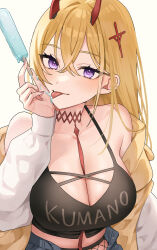 Rule 34 | 1girl, alternate costume, azur lane, between breasts, black tank top, blonde hair, blush, breasts, character name, cleavage, cross hair ornament, crossed bangs, hair between eyes, hair ornament, highres, holding food, holding ice cream, horns, ice cream, jacket, kumano (azur lane), large breasts, necktie, necktie between breasts, omaru (0marufestival), open clothes, open jacket, phallic symbol, purple eyes, red horns, red necktie, sexually suggestive, simple background, solo, suggestive fluid, tank top, tongue, tongue out, upper body, white background